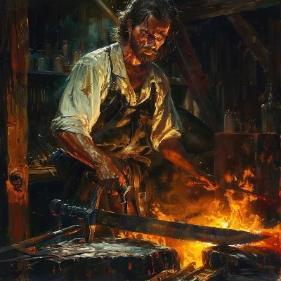 pulp fiction style, showing a Latin man blacksmith forging a sword