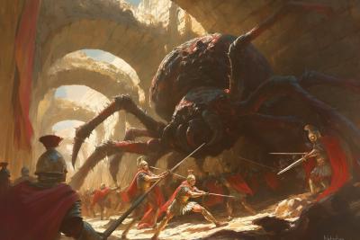 warriors fight with a gigantic spider