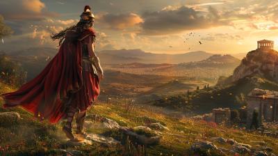 A figure in ancient warrior attire stands on a hill overlooking a vast, scenic landscape with mountains, a distant city, and classical architecture at sunset.