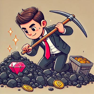 the cartoon-like image of a young startup entrepreneur searching for a ruby gem in a pile of coals. Let me know if you need any changes or additional elements!