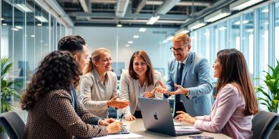 Diverse professionals collaborating in a job recruitment meeting.