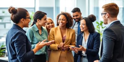 Diverse professionals collaborating in a modern office setting.