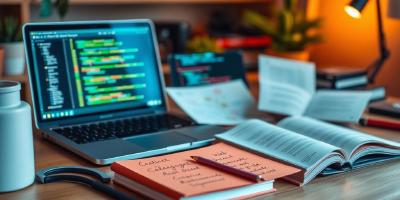 Workspace with laptop and coding resources on table.