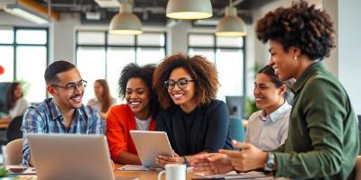 Diverse professionals collaborating in a flexible workspace.