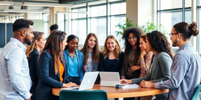 Diverse professionals collaborating in a modern office setting.