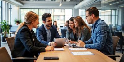 Diverse professionals collaborating in a modern office space.