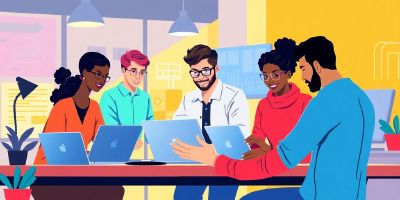 Developers collaborating with digital tools in a modern workspace.