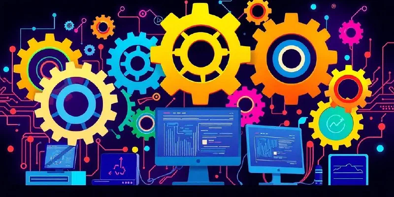 Colorful illustration of automation tools for developers.
