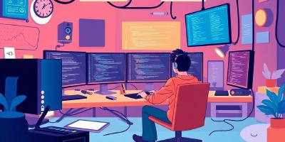 Developer working at a desk with coding tools around.