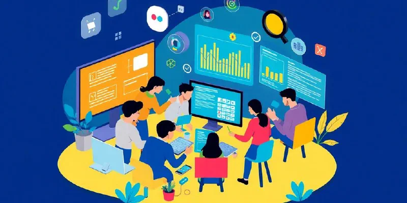 Developers collaborating with digital tools in a modern workspace.