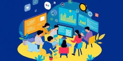 Developers collaborating with digital tools in a modern workspace.