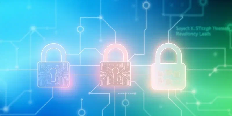 Illustration of digital locks and code snippets for security.
