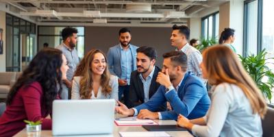 Diverse professionals collaborating in a modern office setting.