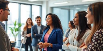 Job seekers meeting recruiters in a professional office setting.