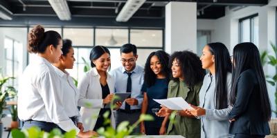 A diverse team collaborating in a modern office space.