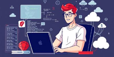 Illustration of a developer at a laptop with code.