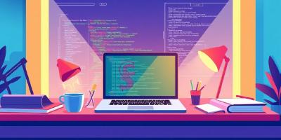 Illustrative developer workspace with laptop and coding elements.
