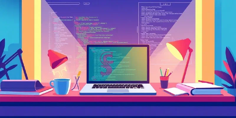 Illustrative developer workspace with laptop and coding elements.