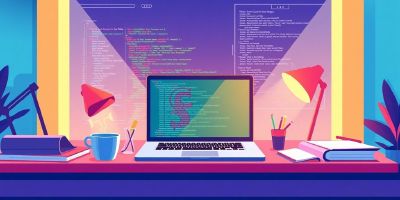 Illustrative developer workspace with laptop and coding elements.