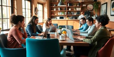 Group of remote workers collaborating in a café setting.