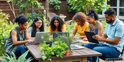 Outdoor team collaboration in a green workspace.