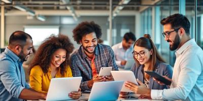 Diverse individuals collaborating in a modern workspace.