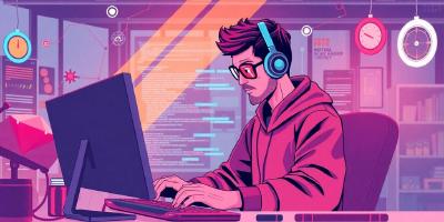 Ruby engineer coding in a modern tech workspace.