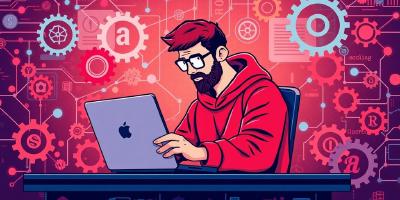 Illustration of a Ruby engineer in a tech environment.