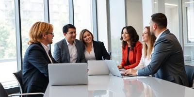 Professional discussing in a modern office setting.