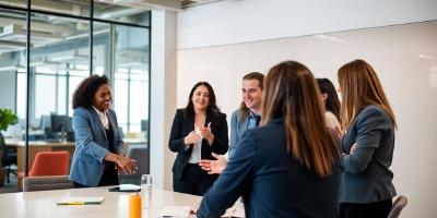 Diverse executives collaborating in a modern office setting.