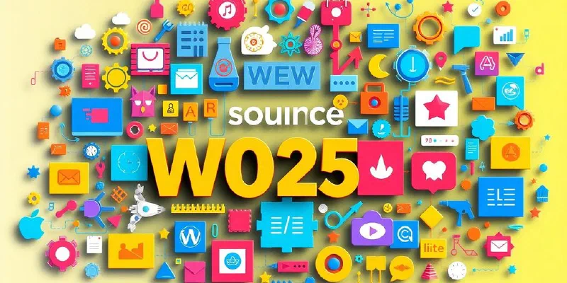 Colorful web development tools and icons in a collage.