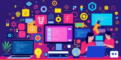Colorful collage of developers coding with tech gadgets.