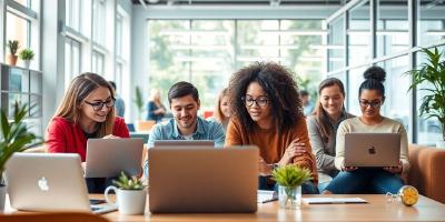 Diverse professionals collaborating in a modern workspace.