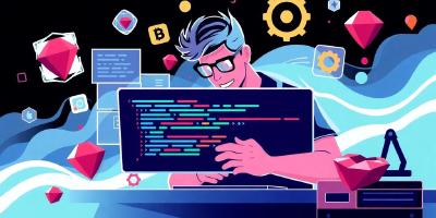 Developer coding in Ruby for backend services.