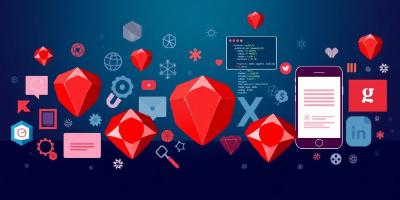 Ruby development icons and modern app interface collage.