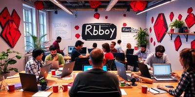 Developers collaborating in a Ruby-focused workspace.