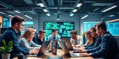 Diverse developers collaborating with laptops in a modern workspace.