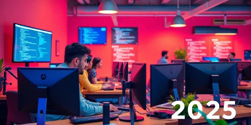 Developers collaborating in a vibrant, modern workspace.