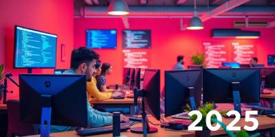 Developers collaborating in a vibrant, modern workspace.