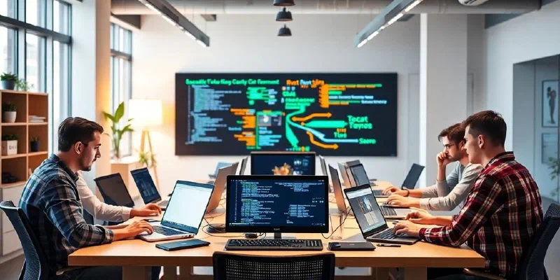 Developers collaborating in a modern office workspace.