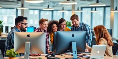 Diverse team collaborating in a modern software development office.
