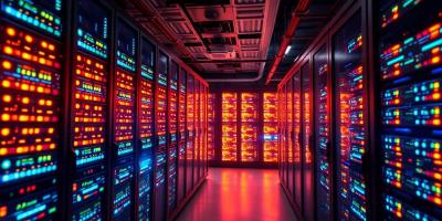 A server room with glowing racks and interconnected devices.