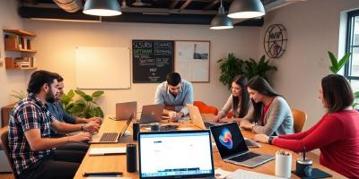 Team collaborating on a digital project in a modern workspace.