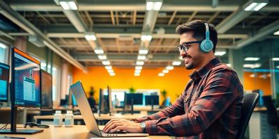 Software engineer in a modern office working on laptop.