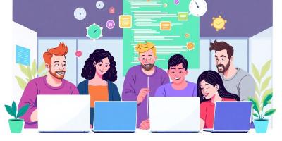 Diverse developers collaborating in a modern tech workspace.