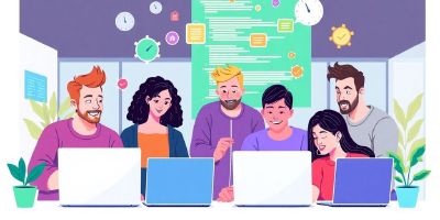 Diverse developers collaborating in a modern tech workspace.