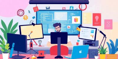 Illustration of a developer in a vibrant tech workspace.