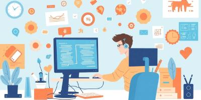 Illustration of a developer in a tech workspace.