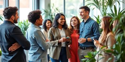 Diverse professionals networking in a bright office setting.