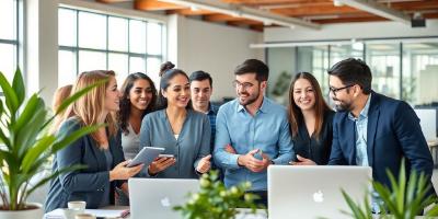 Diverse professionals collaborating in a bright workspace.